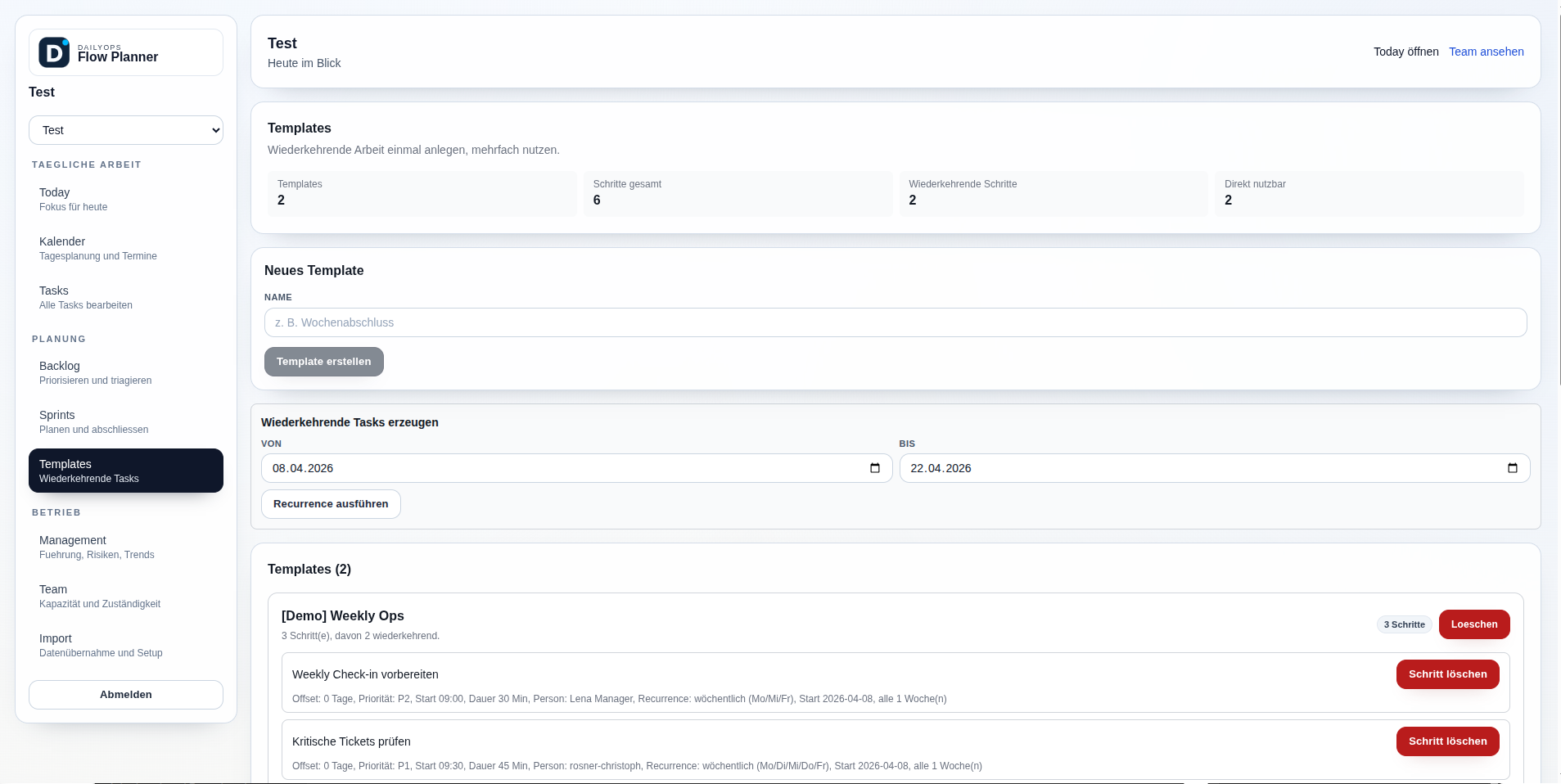 DailyOps Templates Ansicht